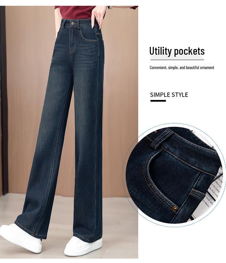Fluffy High-Waisted Wide-Leg Women's Jeans – Stretchy Retro Straight-Leg Pants for Autumn/Winter 2024