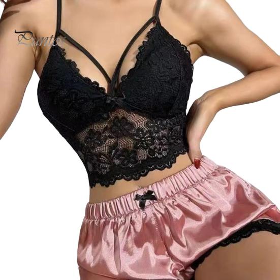 

2 шт./комплект женский пижамный комплект ажурный кружевной V-образный вырез без рукавов укороченный топ с высокой талией атласные шорты домашний отпуск День святого Валентина годовщина L розовый