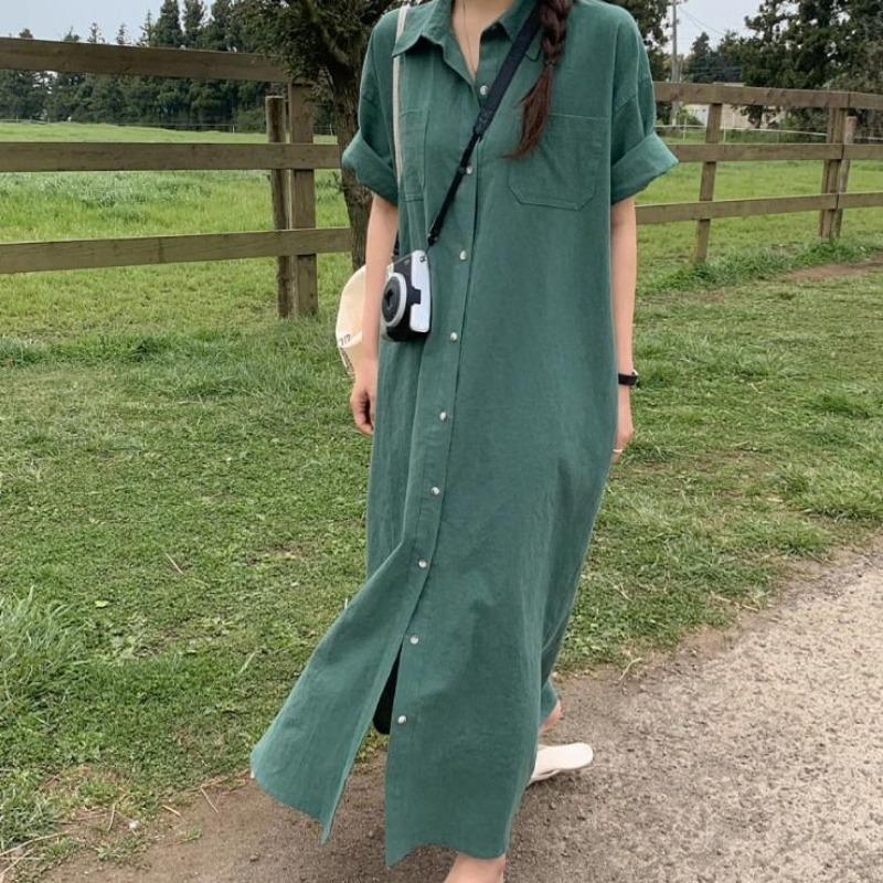 Shirtdress Women's Summer Simple Long Short Sleeve Dress Over The Knee