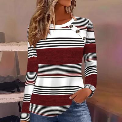 Camisetas de Manga Larga Holgadas para Mujer con Top de Empalme de Rayas y Contraste de Color de Primavera y Otoño