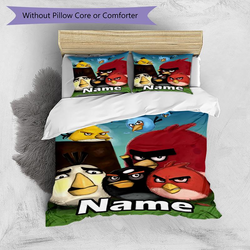 3pcs Duvet Cover Set (1*Duvet Cover + 2*Pillowcase, Without Core), Custom Name Angry Birds Pattern Bedding Set, Home Bedroom Decor Gift