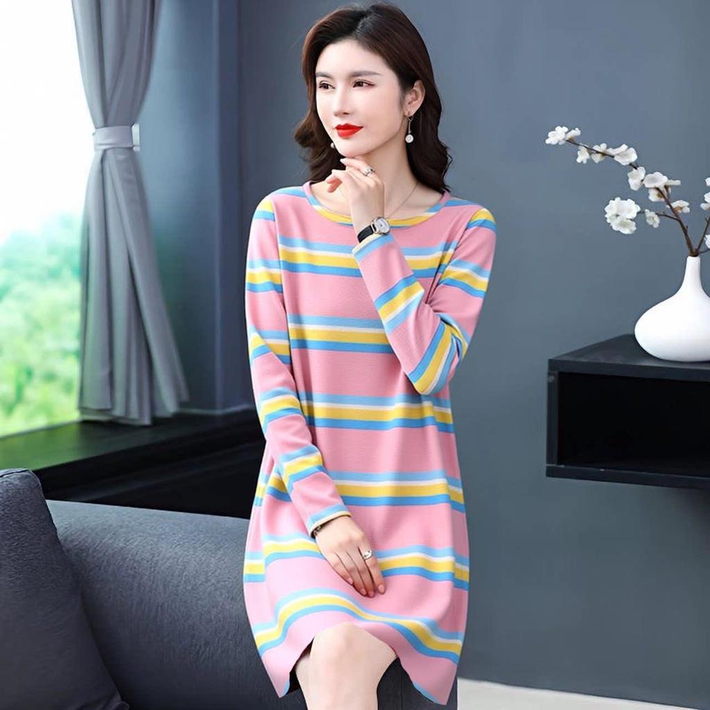 Cross-border E-commerce Striped Long Sleeve Casual Dress for Middle-aged Women - Loose Fit Spring/Autumn Fashion Skirt