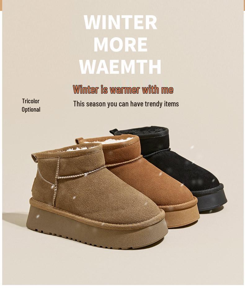 Women's Winter Suede Fleece-Lined Short Boots - Thick Sole, Warm, Fashionable, Casual, Trendy Cotton Boots.