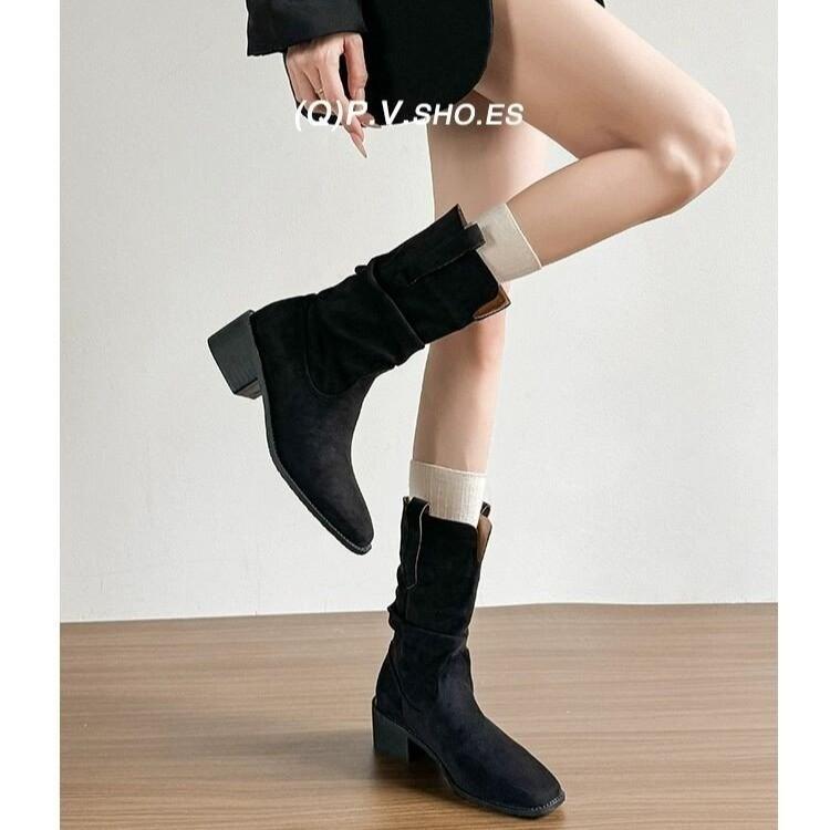 Soft Leather Version~ Western Cowboy Boots Straight Pleated Piled Boots Women's Thick Heel Thin Retro Suede Inner Short Boots