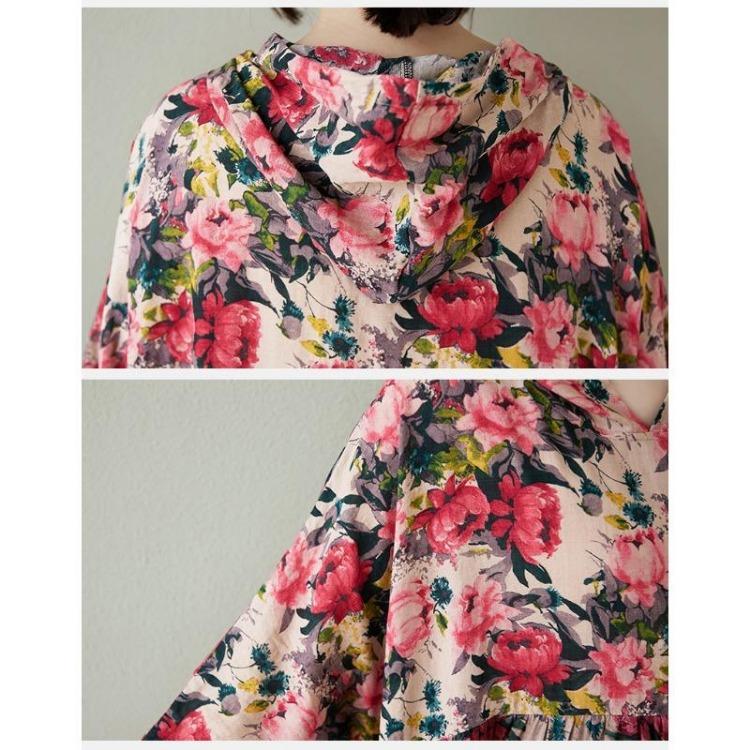 Summer  Vintage Floral Maxi Dress Women Plus Size Casual Loose Long Hooded Pleated Basic Dress