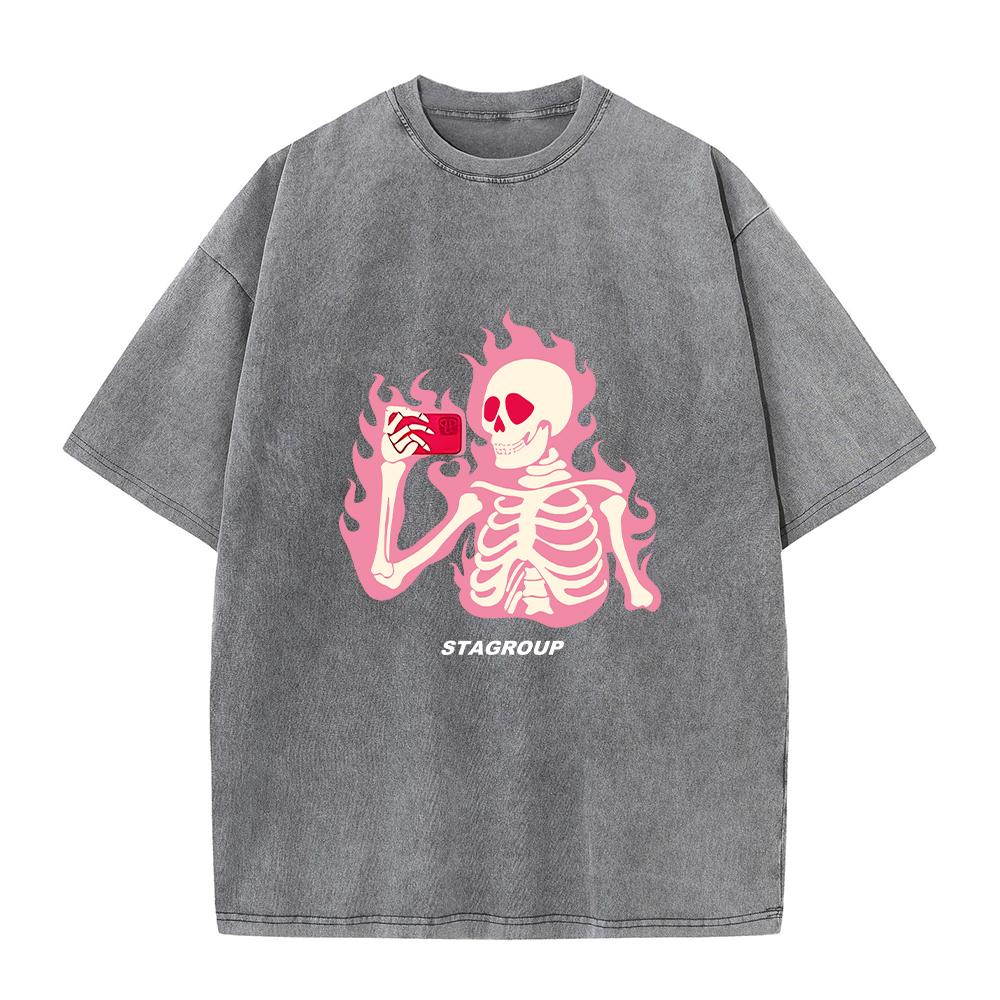 

Summer Pink Skull Print Casual Washed TShirt Retro Distressed Street Style Hip Hop Trend Crew Neck Short Sleeve Unisex S
