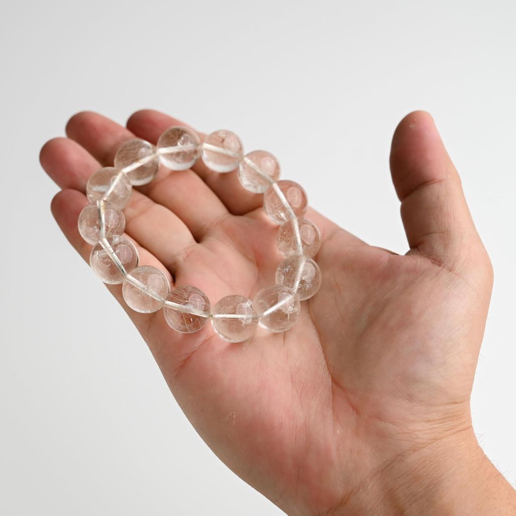 Eigado Silver Rutilated Quartz 16mm 18cm Wrist Limited Natural Power Prayer Good Luck Feng Shui Bracelet, Stone, Circumference, One-of-a-Kind,