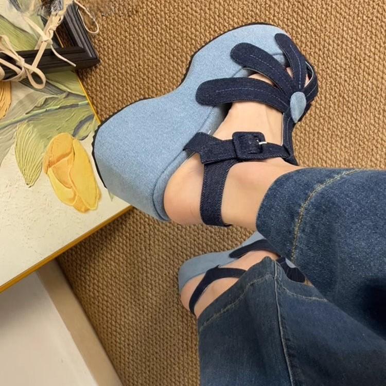 

2025 foreign trade new denim wedge heel square head one-word buckle sandals European and American style large size women s sandals 35 синій