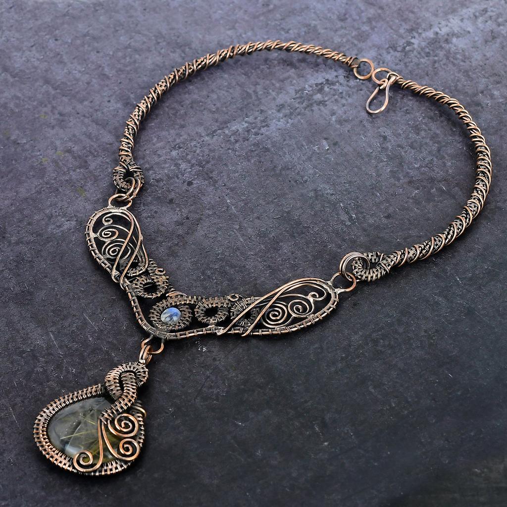 Golden Rutile, Moonstone Handmade Copper Wire Wrap Jewelry Necklace 18" E1j06