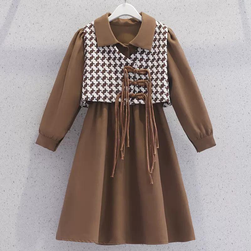 

Жилет и платье-рубашка для девочек с узором «гусиная лапка» — комплект из двух частей в корейском стиле на весну и осень 150 cm хаки