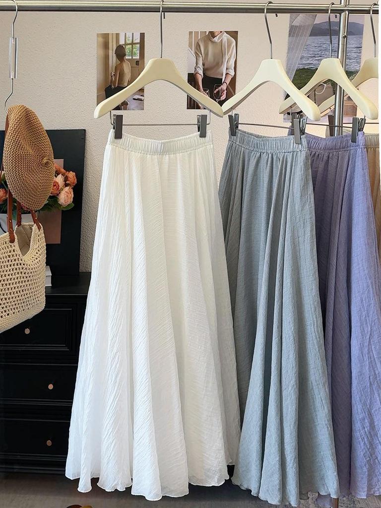 Spring New Gentle Style Ice Silk Cotton Linen A-line Pleated Long Skirt - Women’s High Waist Slimming Drape with Large Hem.