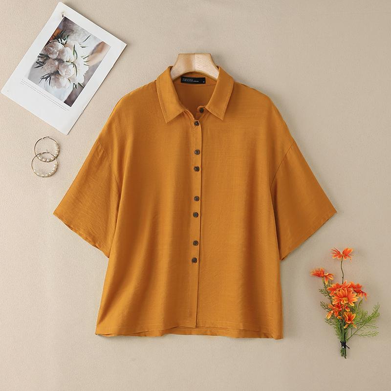 ZANZEA Women Casual Turn Down Collar Summer Short Sleeve Blouse