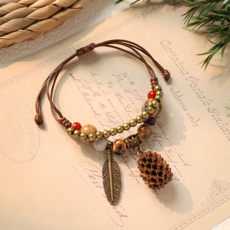 Hand woven ceramic plant acorn bracelet natural fruit hand rope retro literary bracelet women