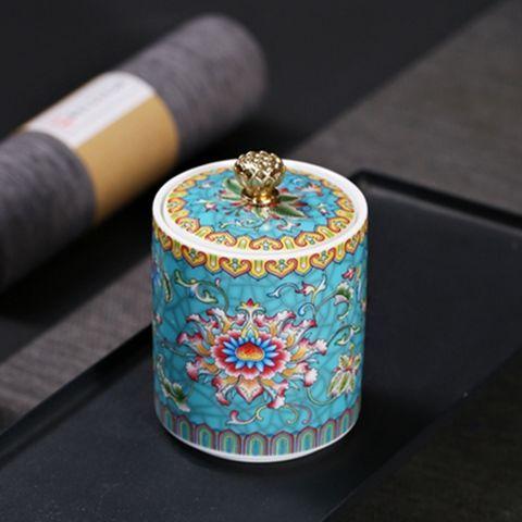 Creative Enamel Painted Flowers Ceramic Tea Jar Moisture-proof Seal Coffee Bean Candy Jar Kitchen Food Storage Container Decor