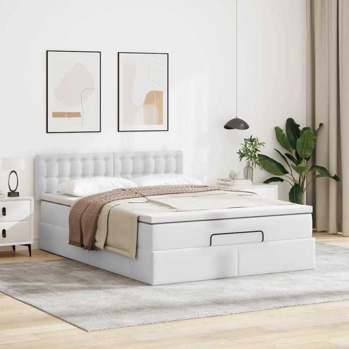Cadre de lit ottoman - 140x190 cm - Similicuir blanc - Rangement sous le lit - Matelas inclus