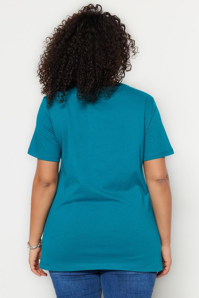 Damen Stil Übergröße Nerz Petrol Boyfriend Rundhals Schlitz Strick T-Shirt