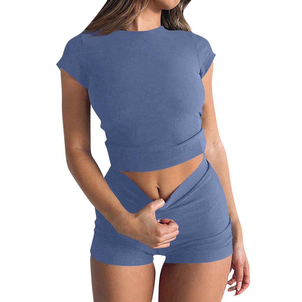 Women's Fashion Color Round Neck Slim Fit Short Sleeved Shorts Casual Sports Two Piece Set