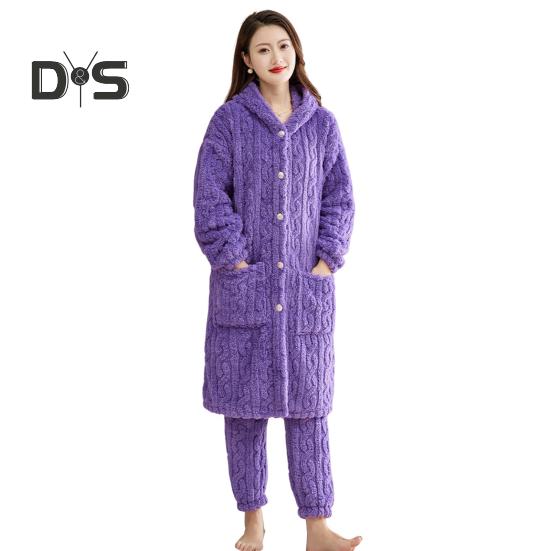 

Комплект из 2 предметов: женский зимний халат и брюки, толстый флис, сохраняющий тепло, однобортный халат с капюшоном и карманами, свободная домашняя одежда, брюки, одежда для сна, пижама