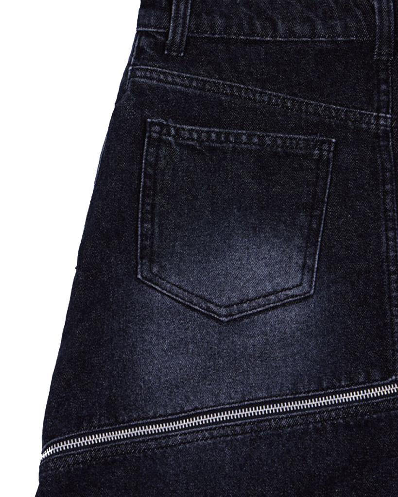 The Museum Visitor Diagonal Zipper Detailed Washed Denim Skirt (Black)