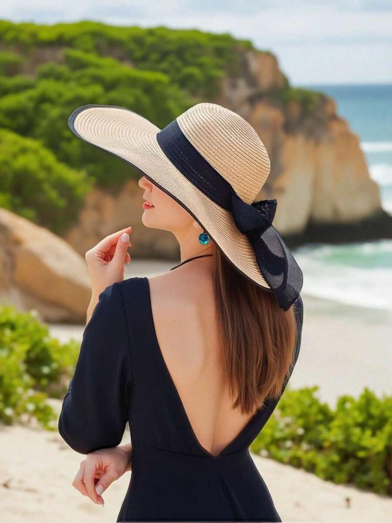 Womens Extra Large Wide Brim Straw Sun Hat With Black Bowknot Ribbon For Beach Summer Vacation