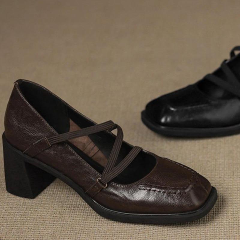 Vintage French Mary Jane Shoes Women's Square Toe Versatile Shallow Mouth Slip-on Block Heel Leather Shoes