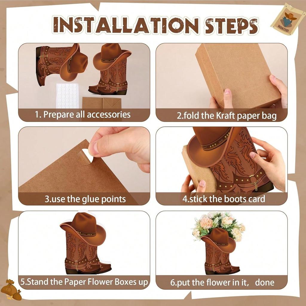 10 set Western Cowboy Boots Flower Boxes Centerpiece Boot Shape Box Decorations Western Theme Party Boot Gift for Wedding Supplies(Brown, Classic)