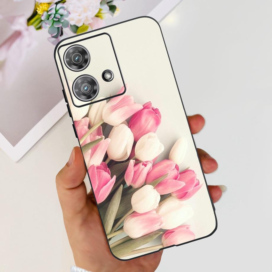 For Motorola Moto Edge 40 Neo 5G Case Black Matte Cases With Pattern Print Soft Liquid Silicone Cover For Motorola Edge40 Fundas