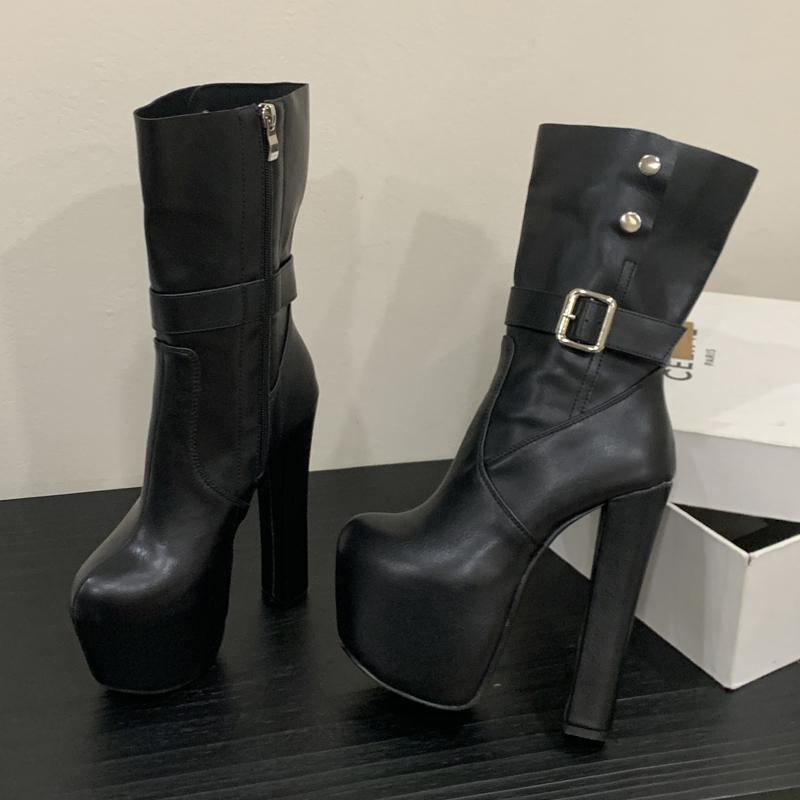 Sexy Chunky Heel Ankle Boots for Women Belt Buckle Side Zipper Design Platform Boots Ladies Elegant Super High Heel Party Shoes