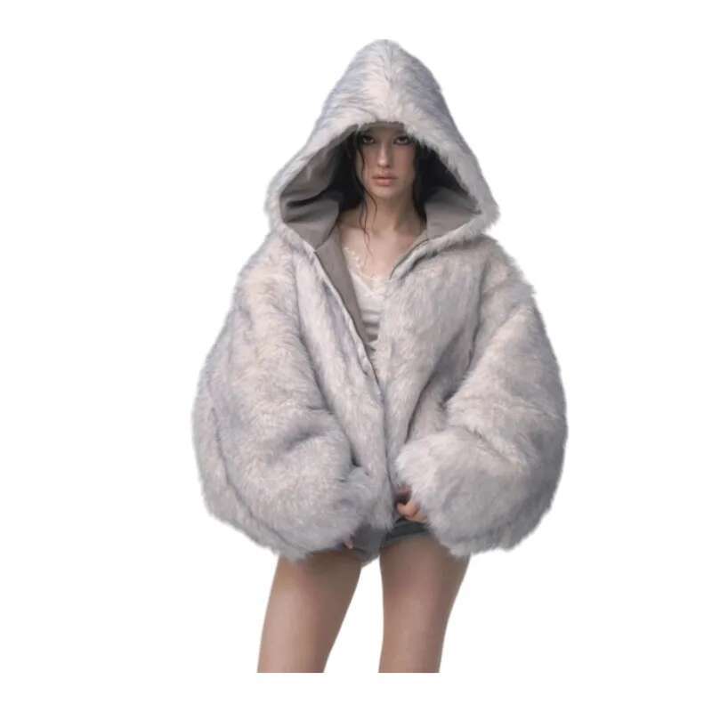 2KWEIRD Winter American Retro Fur Coat Women Padded Hooded Cotton-Padded Jacket Plush Casual Street Gothic Harajuku Oversize Coat