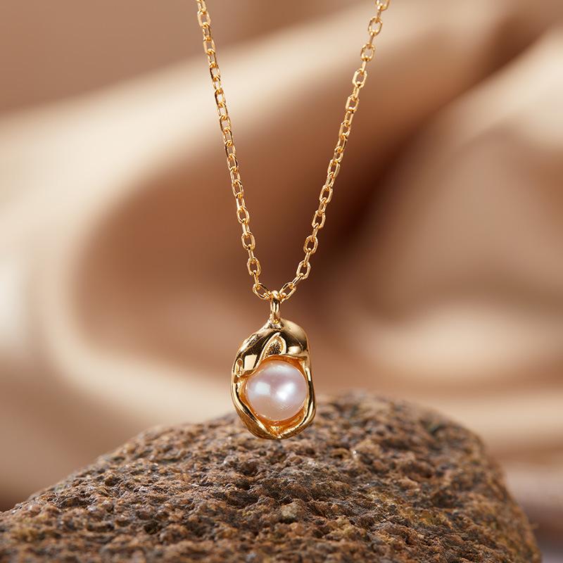 S925 Sterling Silver Natural Gemstone Freshwater Pearl Pendant Necklace Plated With 18K Real Gold Collarbone Chain Niche Cold Feeling Women