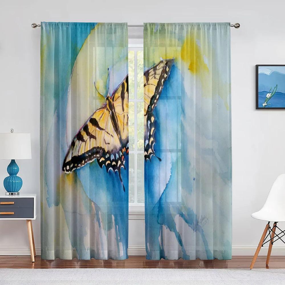 Spring Flower Colorful Floral Butterfly Translucent Curtain for Living Area Voile Window Blinds Bedchamber Tulle Drape Kitchen Area Window Drapes