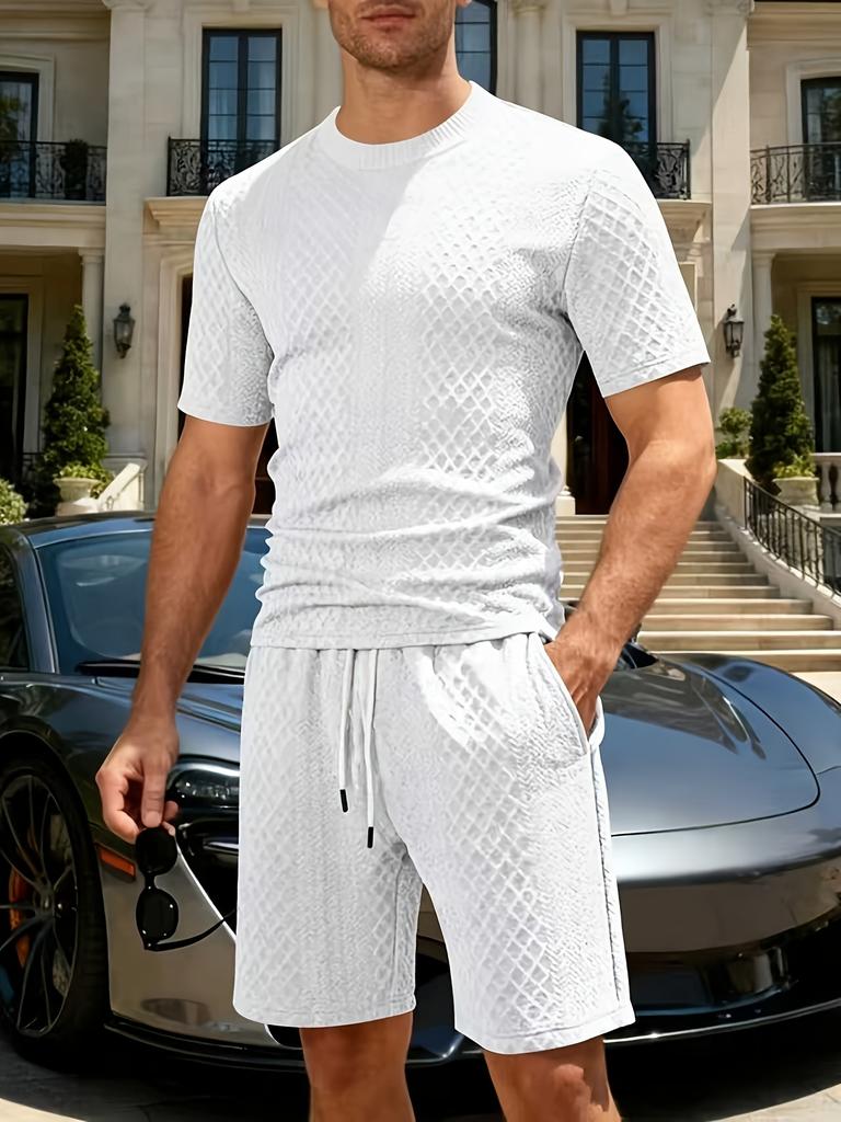Men Casual Summer Jacquard Short Sleeve Top And Shorts Set
