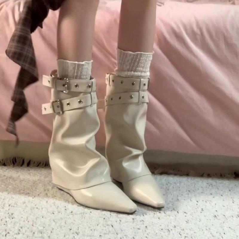Pointed Toe Temperament Wedge Heel Trouser Boots Women'S New Skinny Belt Buckle French Spice Girl Short Boots