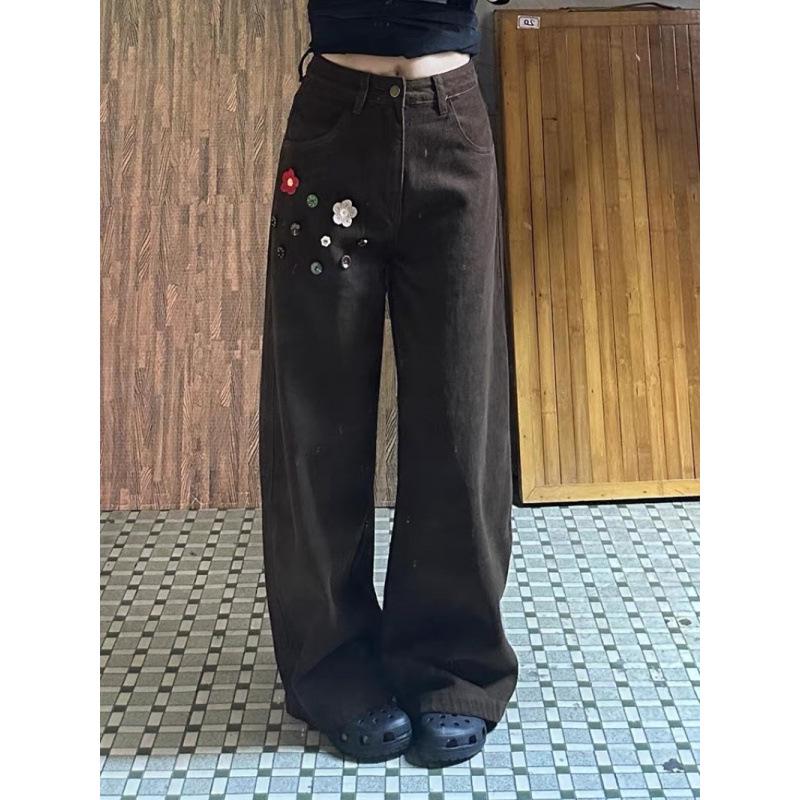 Women's High-Waist Floral Button Retro Jeans - Wide Leg, Loose Fit for Fall/Winter