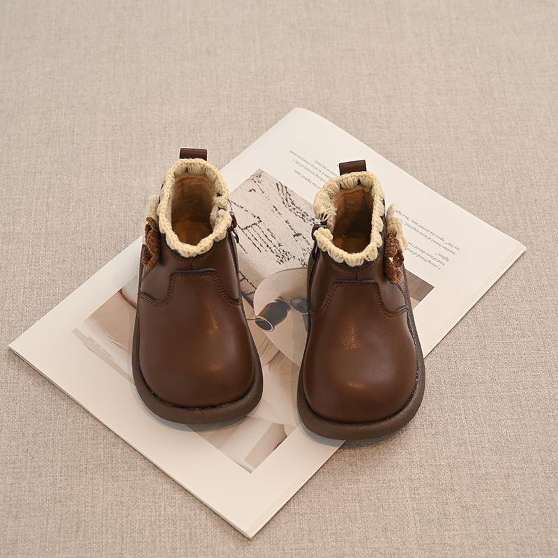 

Girls Boots Princess Winter New Style Waterproof Warm Leather Boots for Toddlers, Baby Girls Non-Slip Fleece-Lined Cotton Shoes 23 коричневый