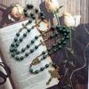 Green Pearl Beads Rosary Necklace with Medal & for Cross Crucifix Pendant Y Shape Necklace Jewelry Gifts for Women Men