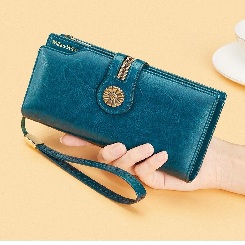 Women's High-end Genuine Leather Wallet Long Cowhide Wallet Anti-theft Brush Retro Wallet