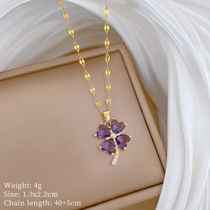 Simple Lucky Colorful Zircon Clover Pendant Necklace for Women Girls Stainless Steel Chain Jewelry Gold Color Accessories Gifts