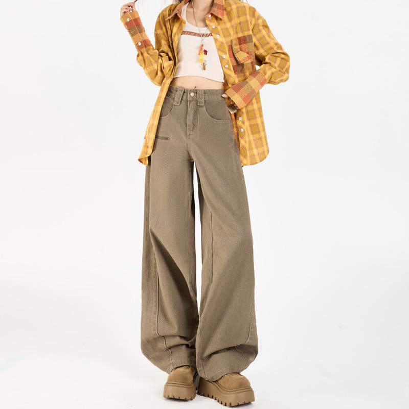 Women s Coffee-Colored Retro Distressed Jeans - New for Spring & Autumn, Loose Fit, Washed, Casual, Long Pants. S