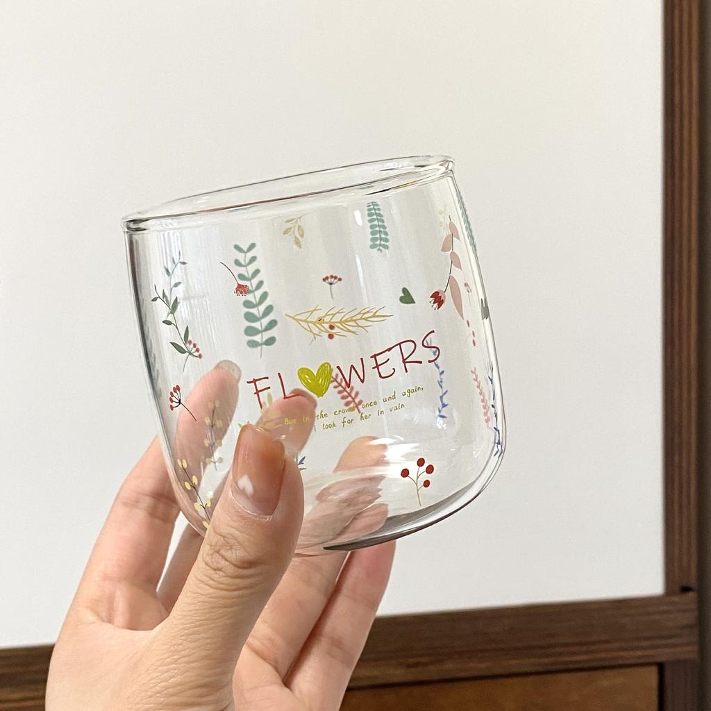 Busy Homemade, Summer Small Floral Glass Niche Retro Flower Juice Drink Glass Water Cup Cold Drink