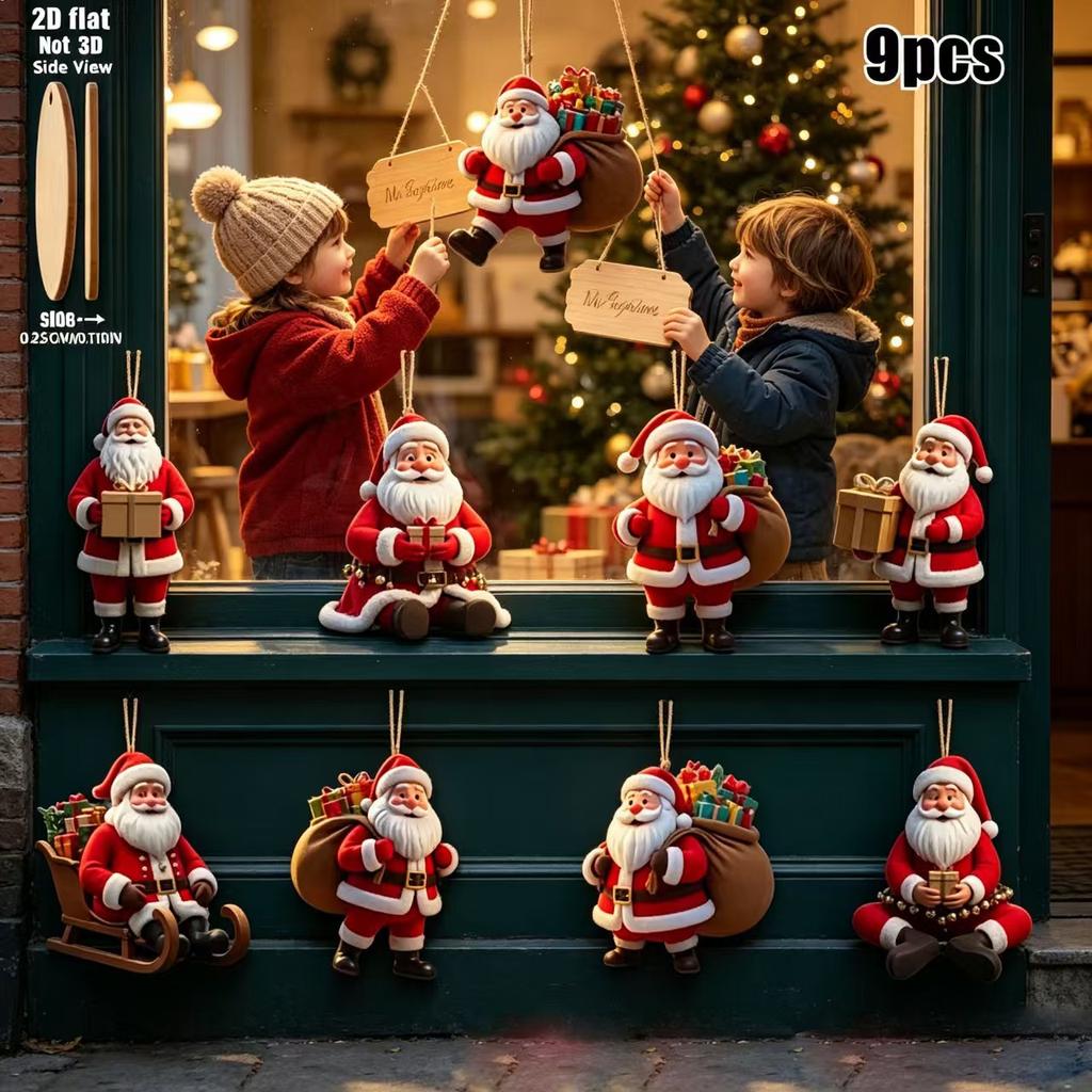 Wooden Santa Claus Ornaments with Gift Christmas Tree Hanging Decorations 9 or 18 Piece Set
