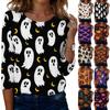 Women Casual Halloween Print Round Neck Three Quarter Sleeve T Shirt Top Lightweight Loose Fit Pullover Blouse for Autumn