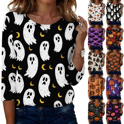Women Casual Halloween Print Round Neck Three Quarter Sleeve T Shirt Top Lightweight Loose Fit Pullover Blouse for Autumn
