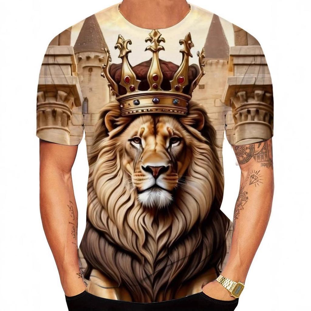 3D Lion Pattern Printed Short Sleeved Cool and Loose Summer Round Neck Top Men's T-shirts