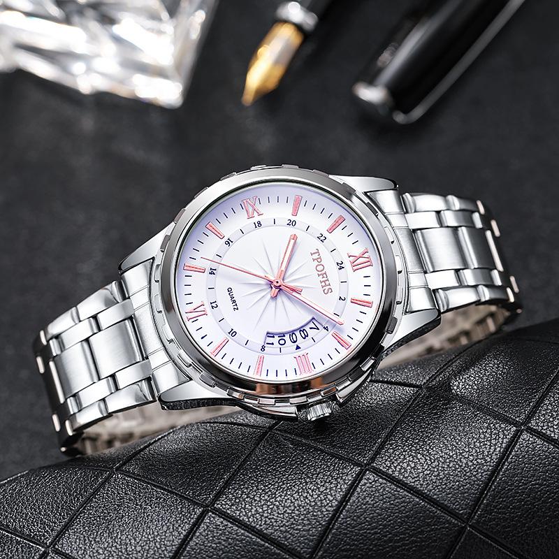 Blue Classic Light Steel Strap Mens Watch Waterproof With Calendar Function Movement Quartz