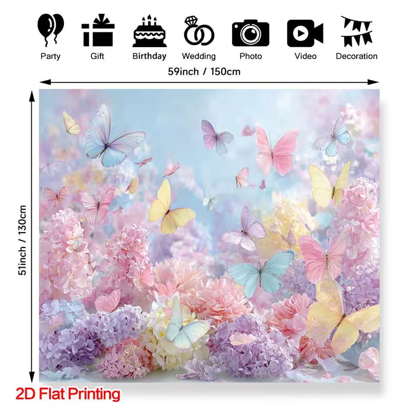 

2D Pastel Aesthetic Banner, Hydrangea Garden with Colorful Butterflies 47.2x31.5inch/120*80cm
