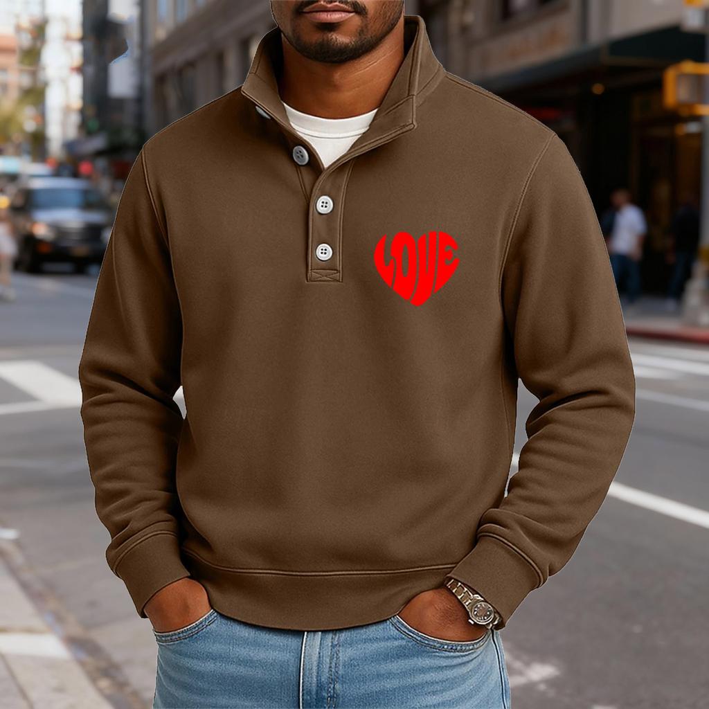 Men's Casual Stand-Up Collar Long-Sleeve Top Print Button-Down Sweatshirt