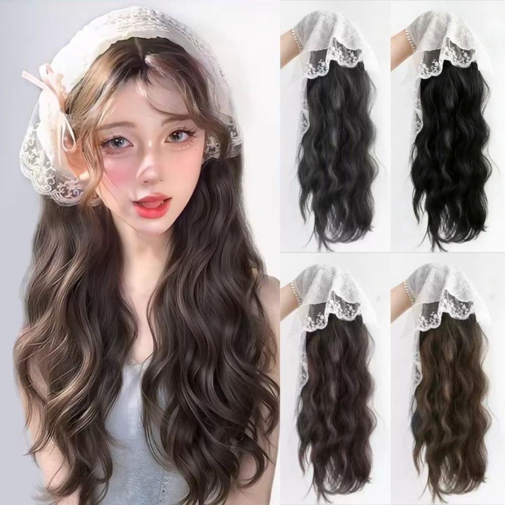 Floral Half Headband Wig Hair Scarf Long Wavy Hair Lace Headscarf Headband Wig  Party