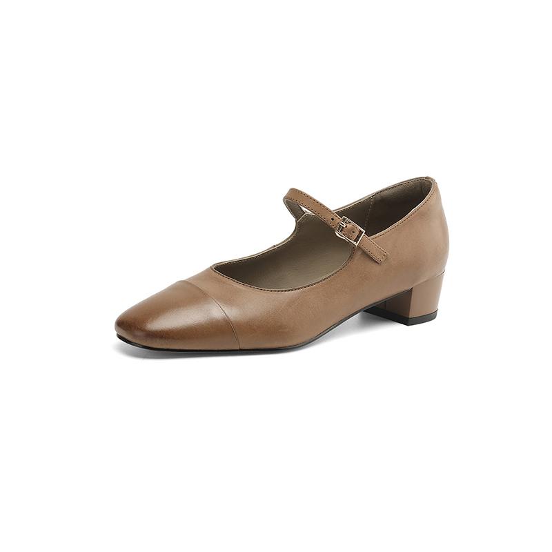 Krazing Pot Cow Skin Spring Summer Size 41 Thick Med Heels Women Round Toe Metal Buckle Straps Shallow Pink Color Pumps