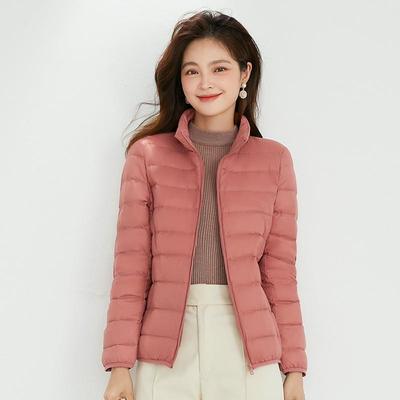 2025 Autumn/Winter Women's Lightweight White Duck Down Short Jacket with Stand Collar and Slim Fit.